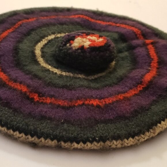 Vintage wool knit beret style cap in colorful stripe pattern, made in Canada main image 5